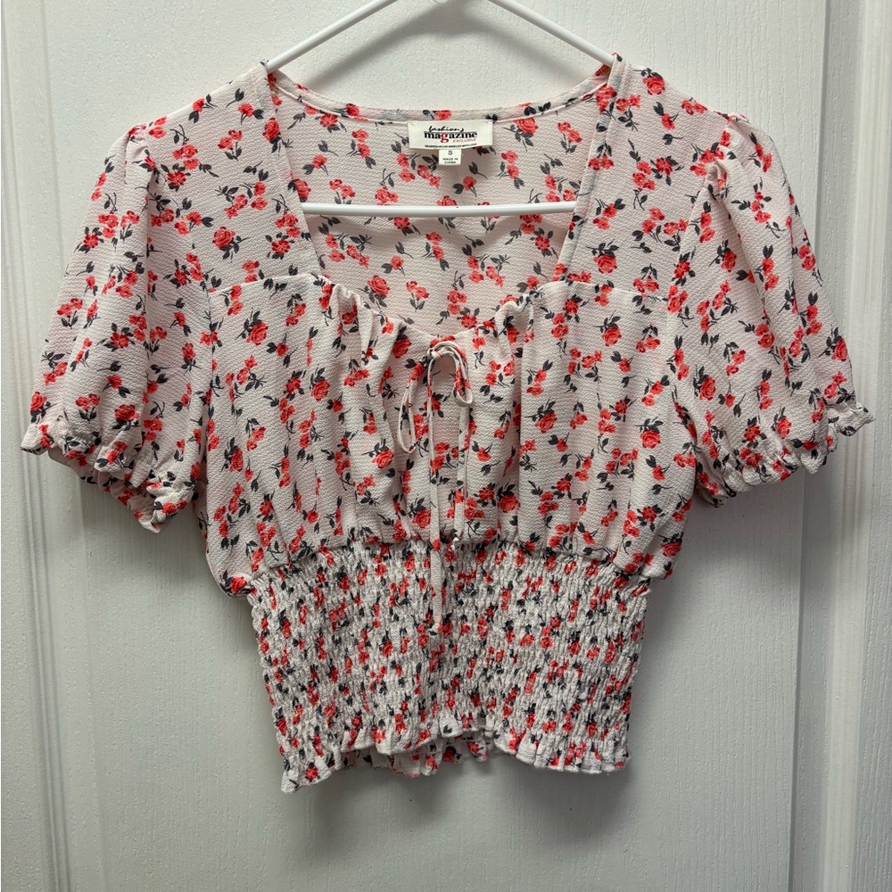 Fashion Magazine Floral Smocked Blouse - Red and White Size Small Linen Top